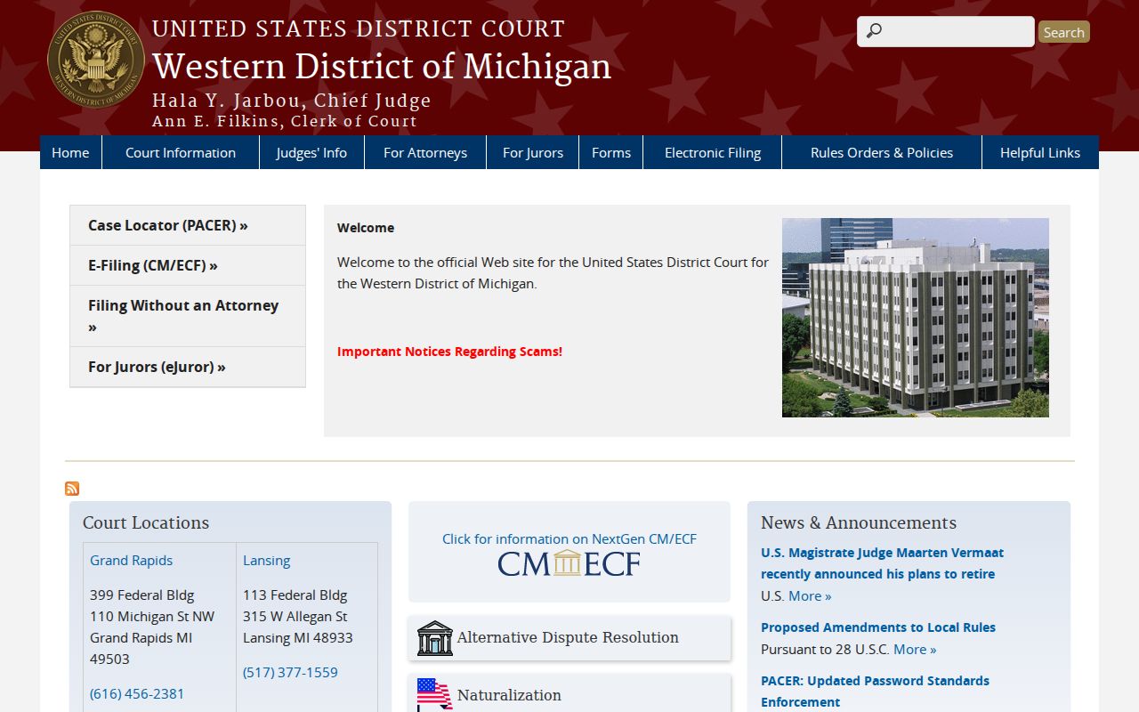Western District of Michigan federal court website for Lake County cases