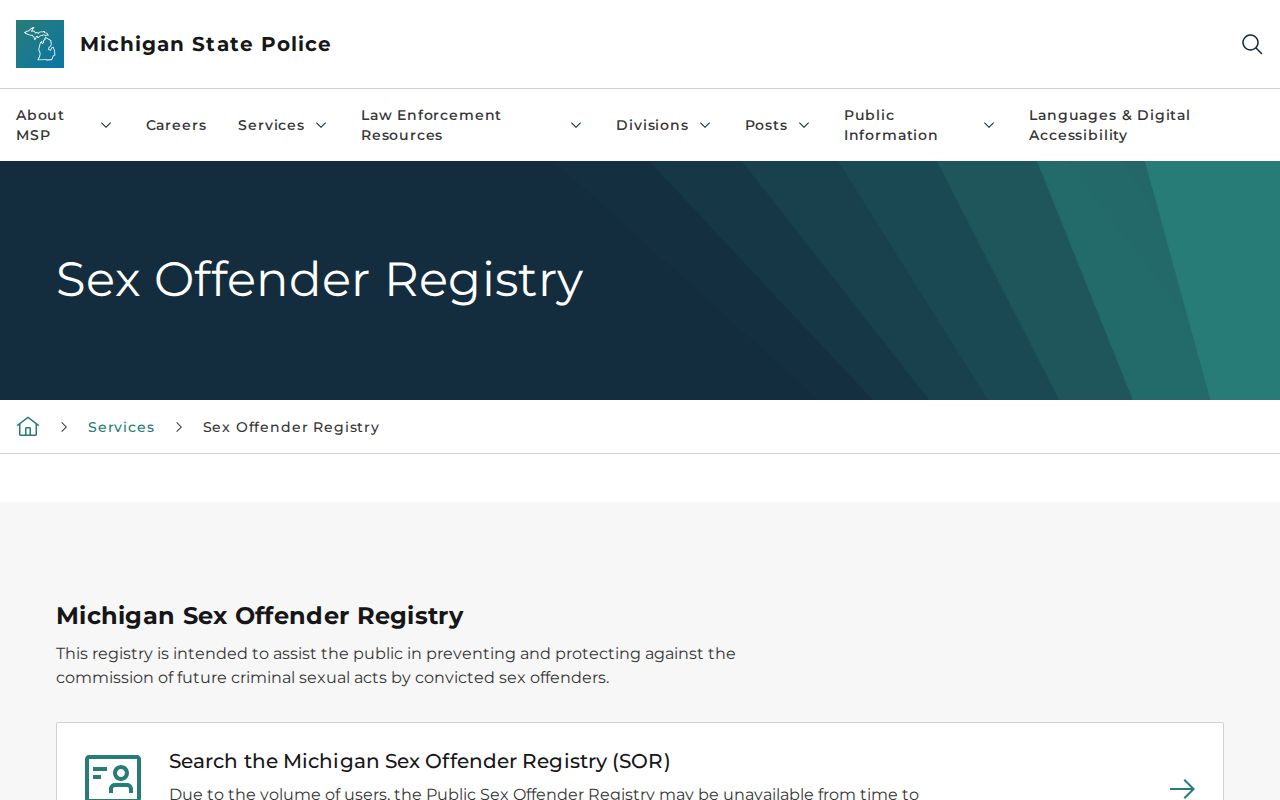 Michigan State Police sex offender registry information page for Lake County searches